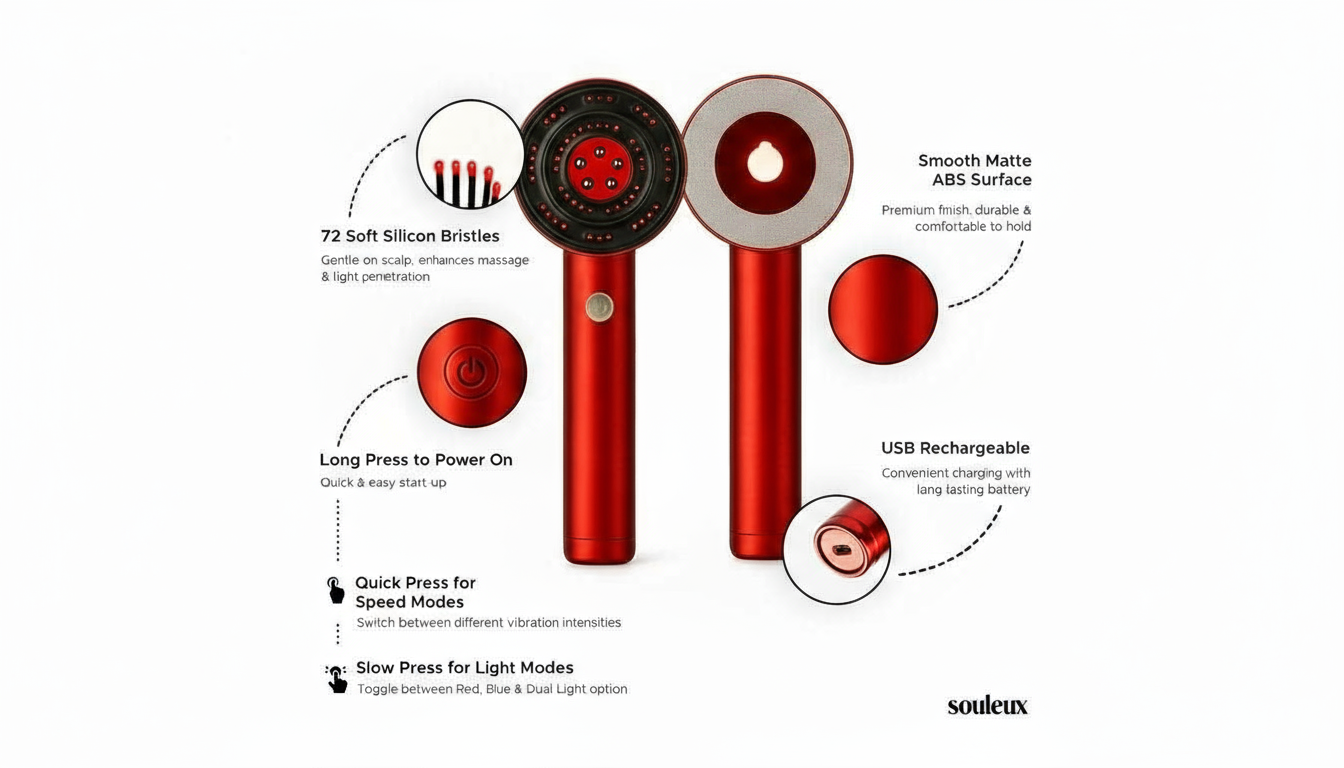 Souleux's 3-1 Red Light Therapy Scalp Massager | Hair Revival Brush