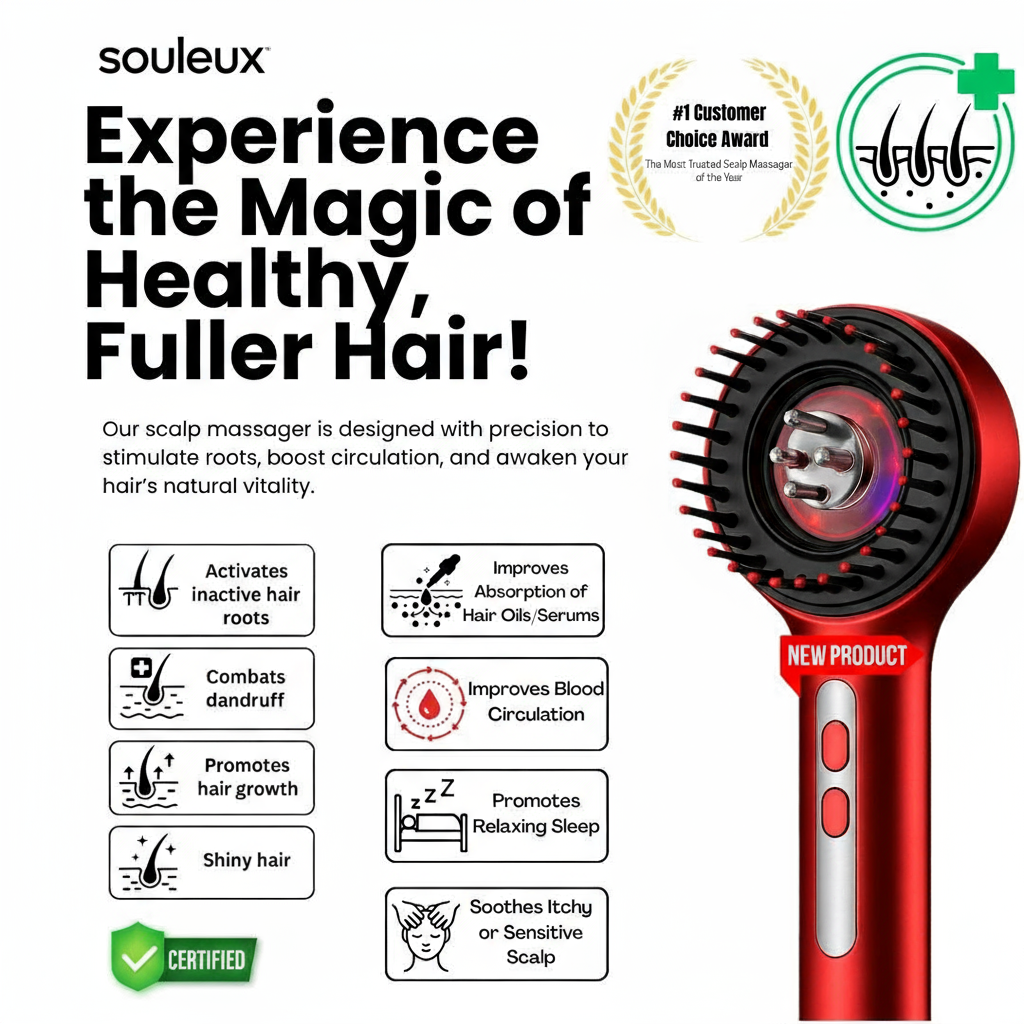 Souleux's 3-1 Red Light Therapy Scalp Massager | Hair Revival Brush